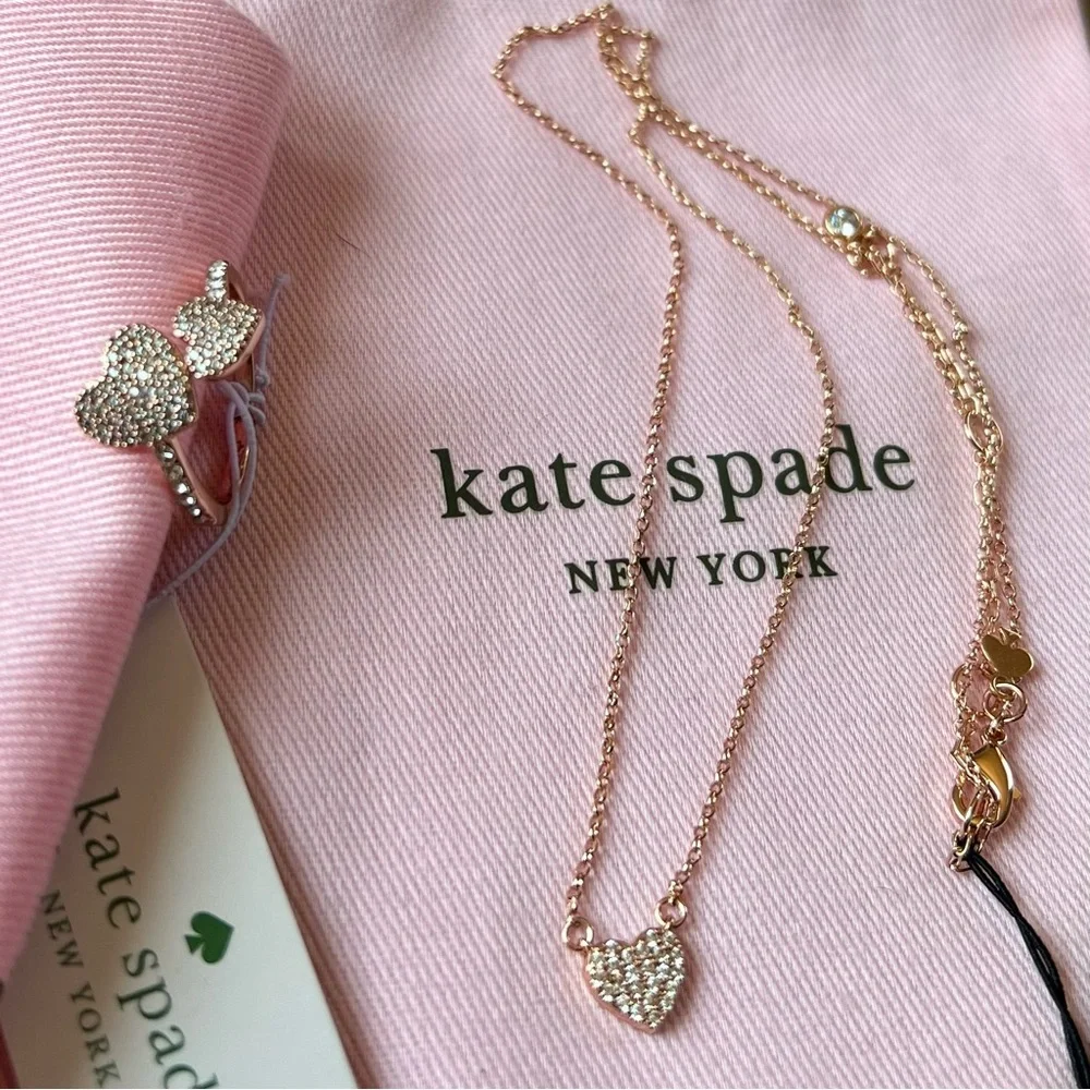 NEW Kate Spade Yours Truly Pave Heart Ring & Mini Pendant Necklace Rose Gold - Picture 4 of 8